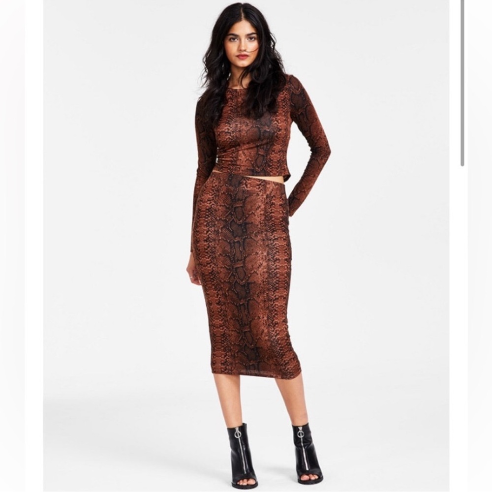Brown Snake Print Midi Skirt